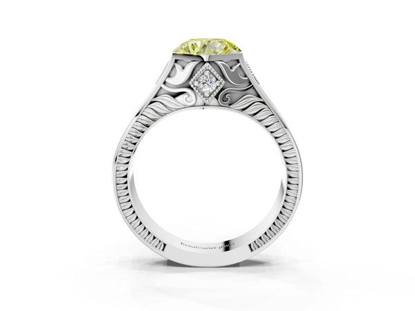 Platinum Hexagonal Bezel Fancy Yellow Round Cut Diamond Engraved Band Prong Ring
