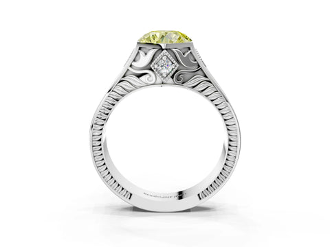 Platinum Hexagonal Bezel Fancy Yellow Round Cut Diamond Engraved Band Prong Ring_15