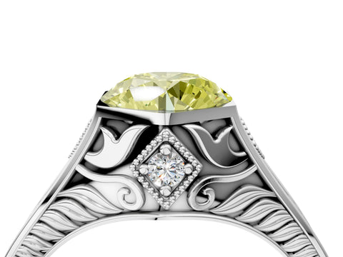 Platinum Hexagonal Bezel Fancy Yellow Round Cut Diamond Engraved Band Prong Ring_16