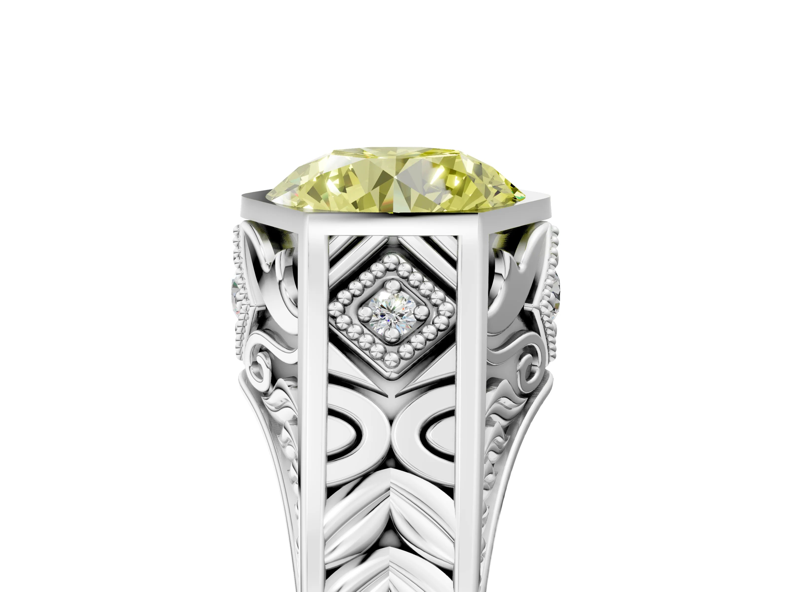 Platinum Hexagonal Bezel Fancy Yellow Round Cut Diamond Engraved Band Prong Ring_17