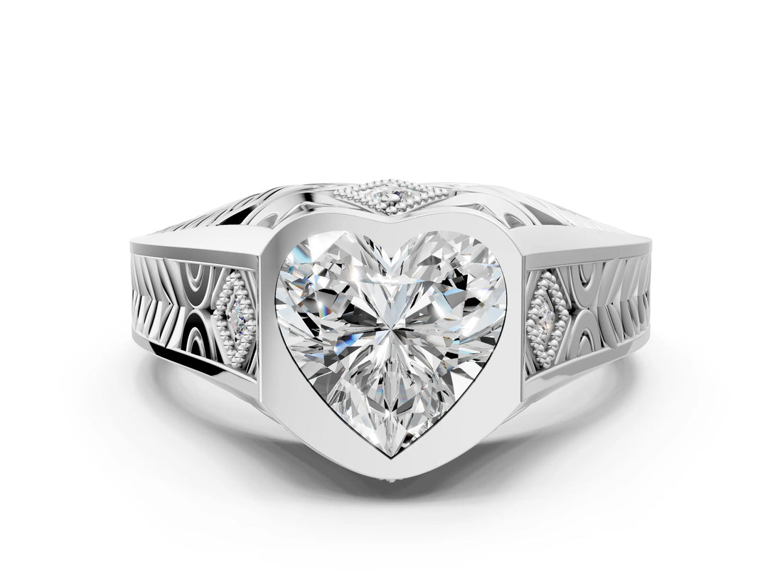 Platinum Hexagonal Bezel Heart Diamond Engraved Band Prong Ring_6