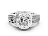Platinum Hexagonal Bezel Heart Diamond Engraved Band Prong Ring_6