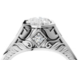 Platinum Hexagonal Bezel Oval Diamond Engraved Band Prong Ring_10