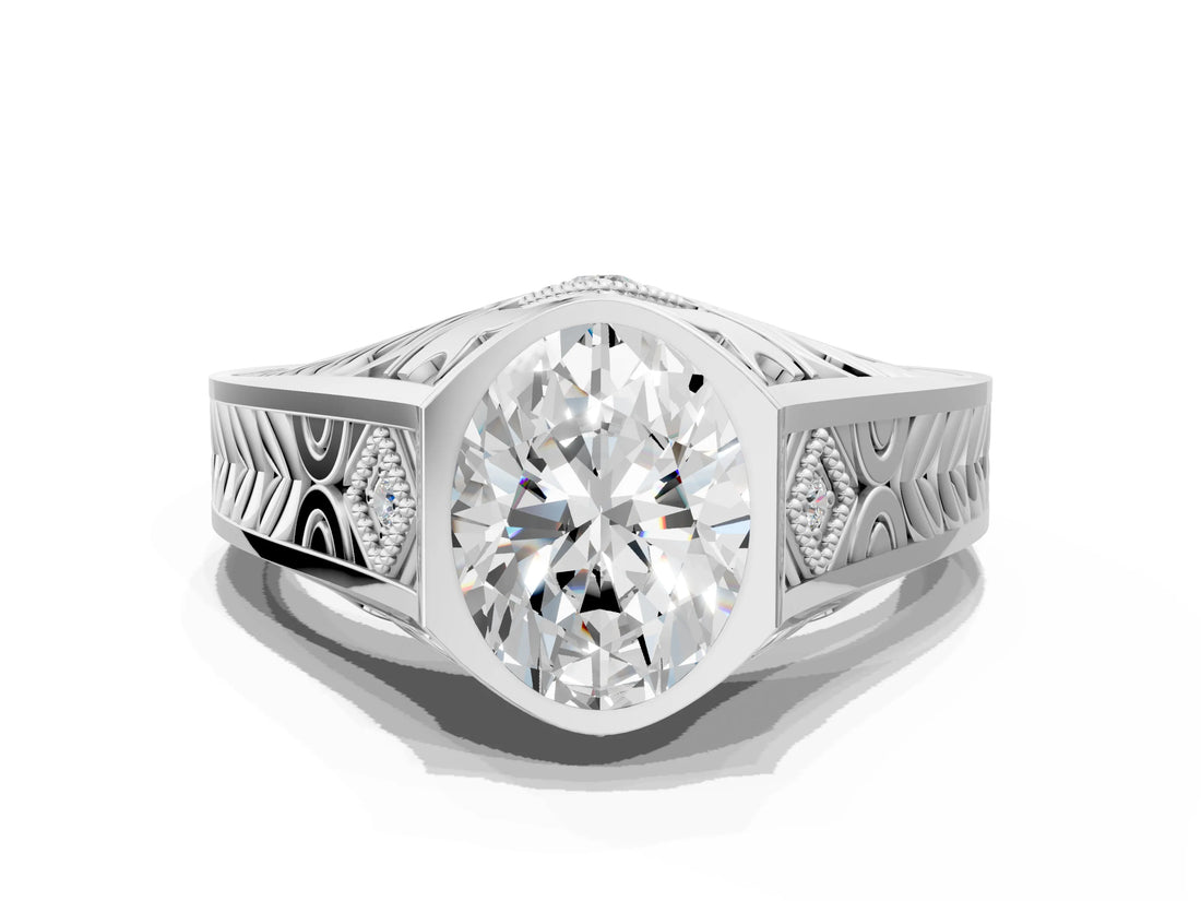 Platinum Hexagonal Bezel Oval Diamond Engraved Band Prong Ring_6