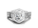 Platinum Hexagonal Bezel Oval Diamond Engraved Band Prong Ring_6