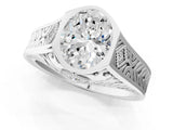 Platinum Hexagonal Bezel Oval Diamond Engraved Band Prong Ring_7