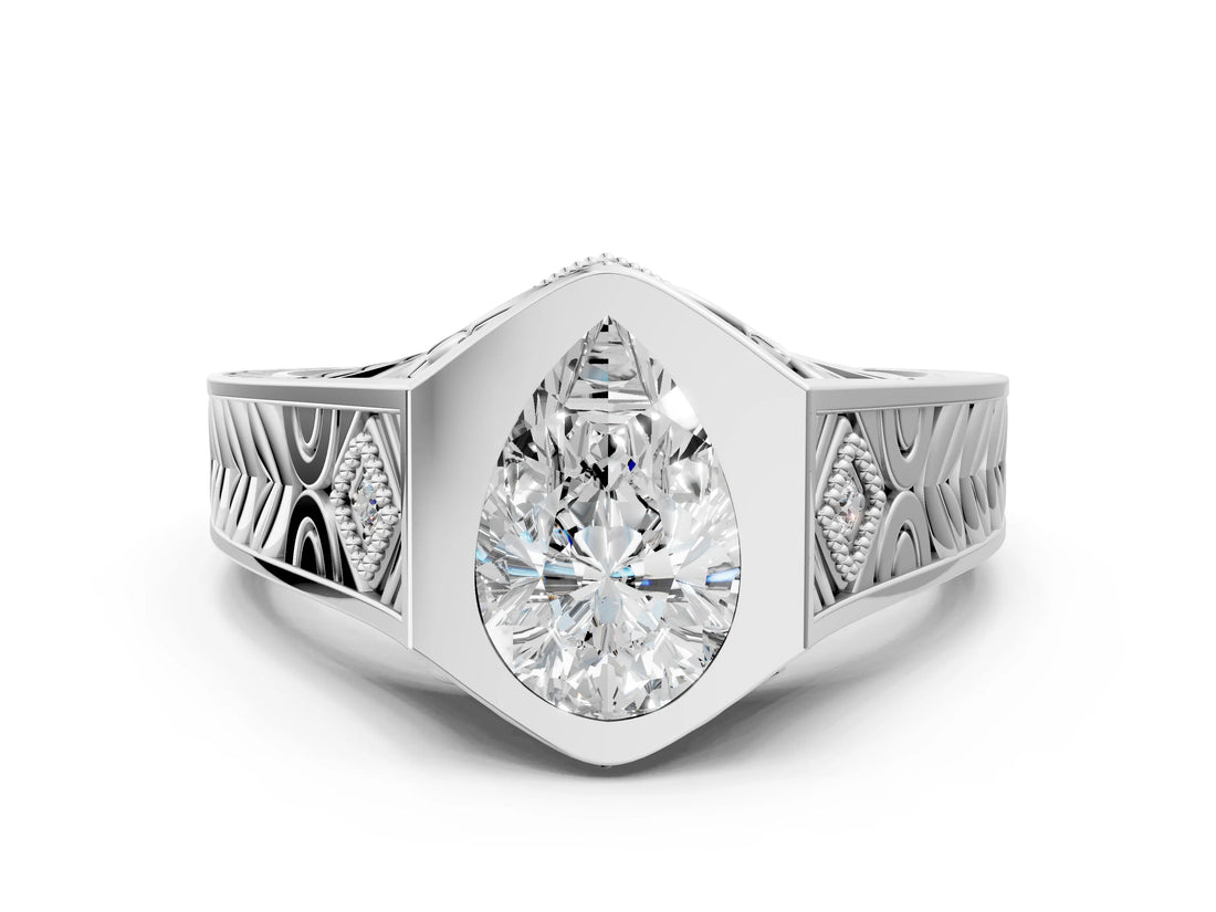 Platinum Hexagonal Bezel Pear Diamond Engraved Band Prong Ring_6