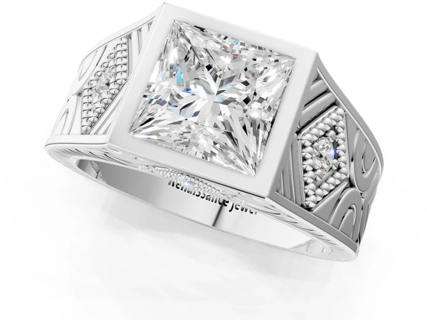 Platinum Hexagonal Bezel Princess Diamond Engraved Band Prong Ring