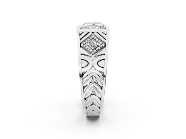 Platinum Hexagonal Bezel Princess Diamond Engraved Band Prong Ring