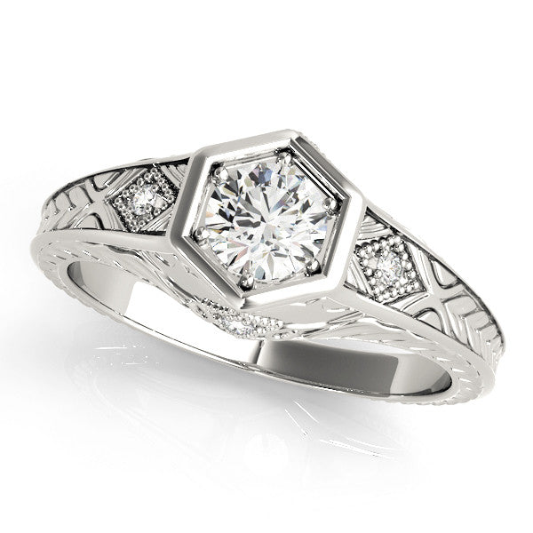 Platinum Hexagonal Bezel Round Diamond Engraved Band Prong Ring 1