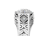 Platinum Hexagonal Bezel Round Diamond Engraved Band Prong Ring_19