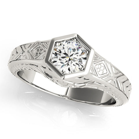 Platinum Hexagonal Bezel Round Diamond Engraved Band Ring 1