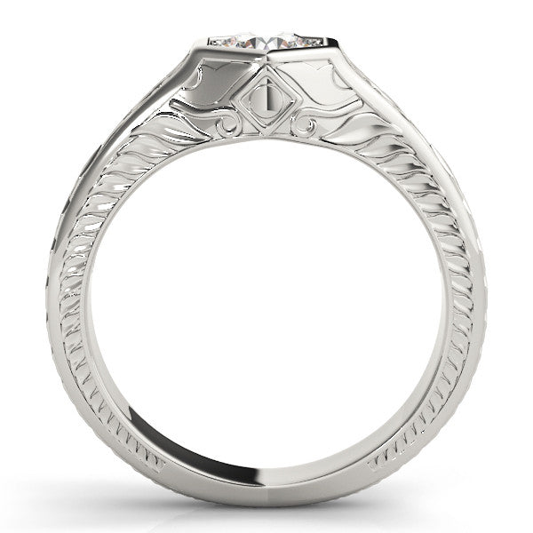 Platinum Hexagonal Bezel Round Diamond Engraved Band Ring