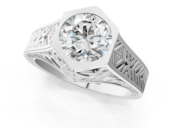 Platinum Round Vintage Bezel Engagement Ring Setting with Engraved Band