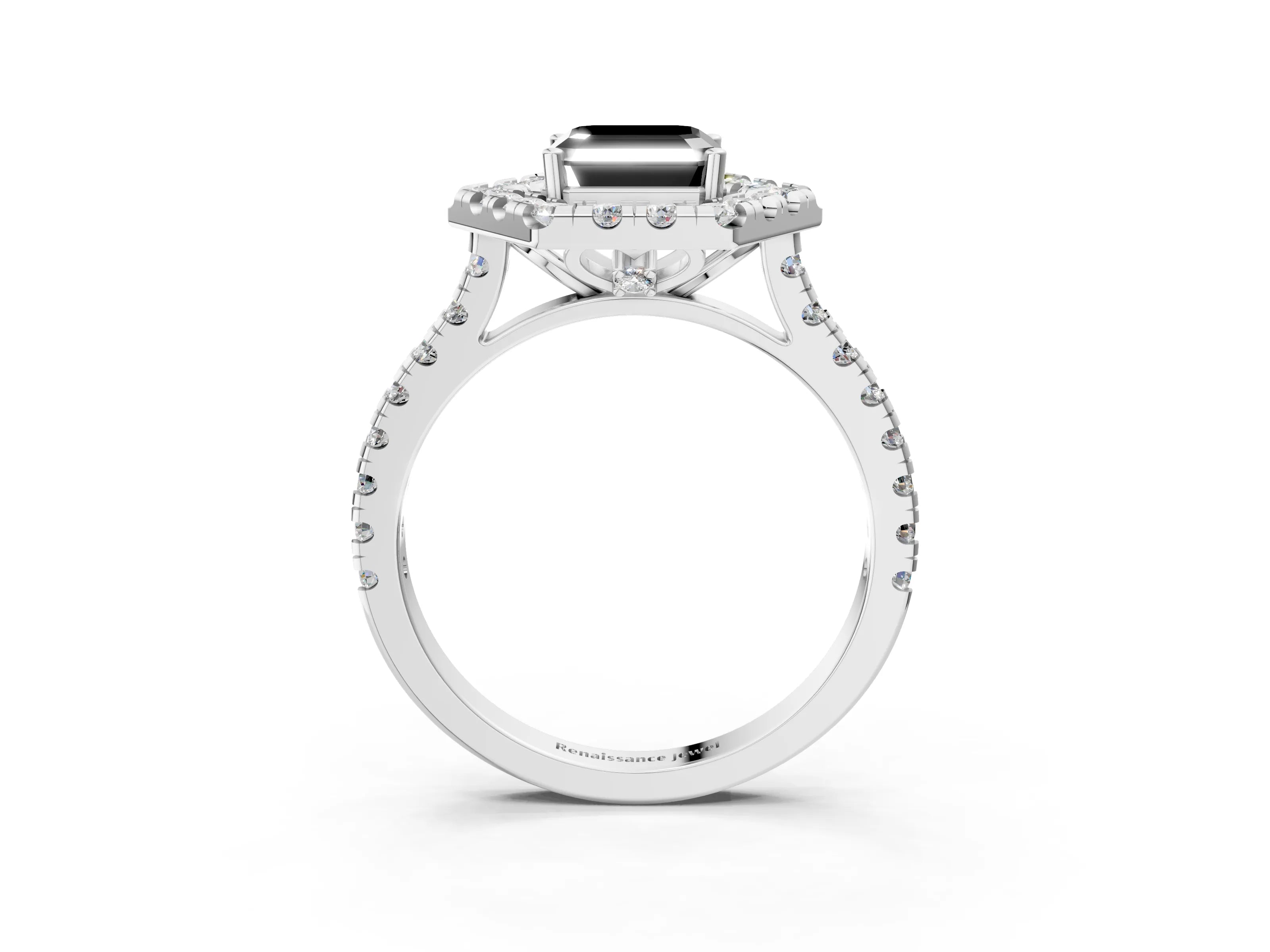 Platinum Hexagonal Halo Fancy Black Asscher Cut Diamond Pavé Band with Four-Prong Setting_15