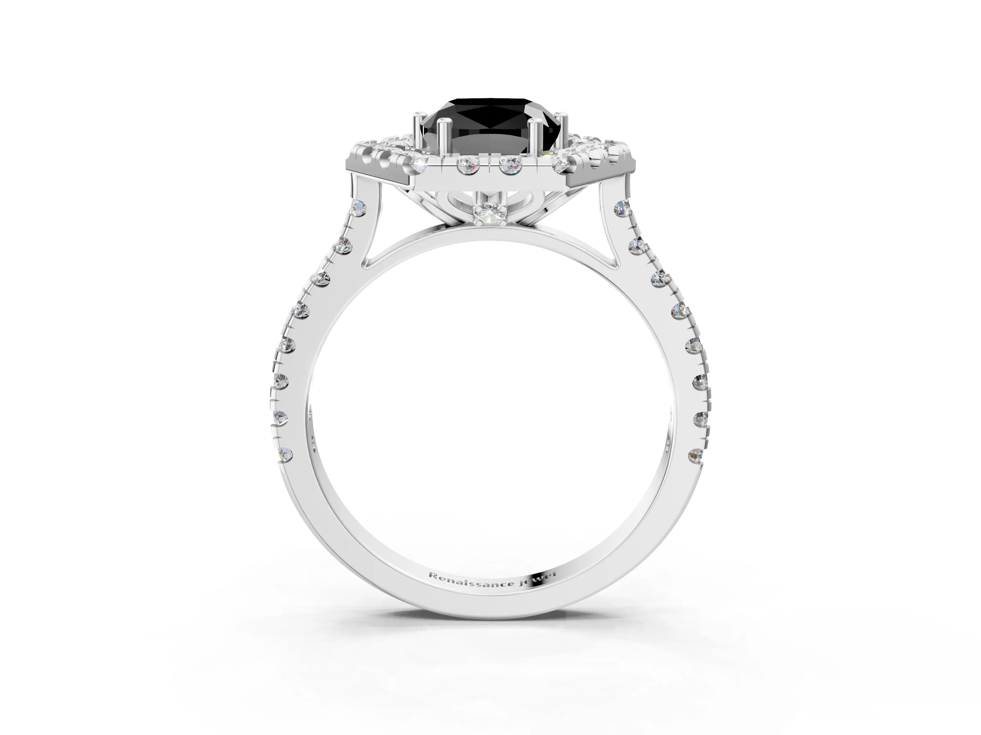 Platinum Hexagonal Halo Fancy Black Cushion Cut Diamond Pavé Band with Four-Prong Setting_15