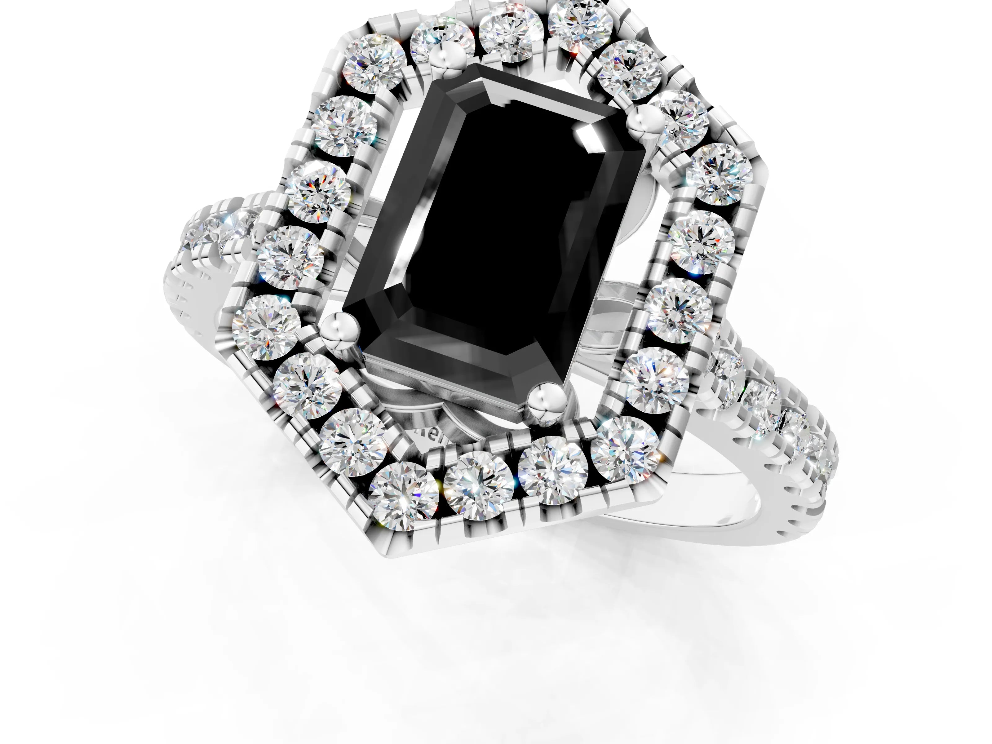 Platinum Hexagonal Halo Fancy Black Emerald Cut Diamond Pavé Band with Four-Prong Setting_13