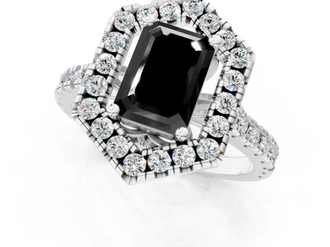 Platinum Hexagonal Halo Fancy Black Emerald Cut Diamond Pavé Band with Four-Prong Setting_13