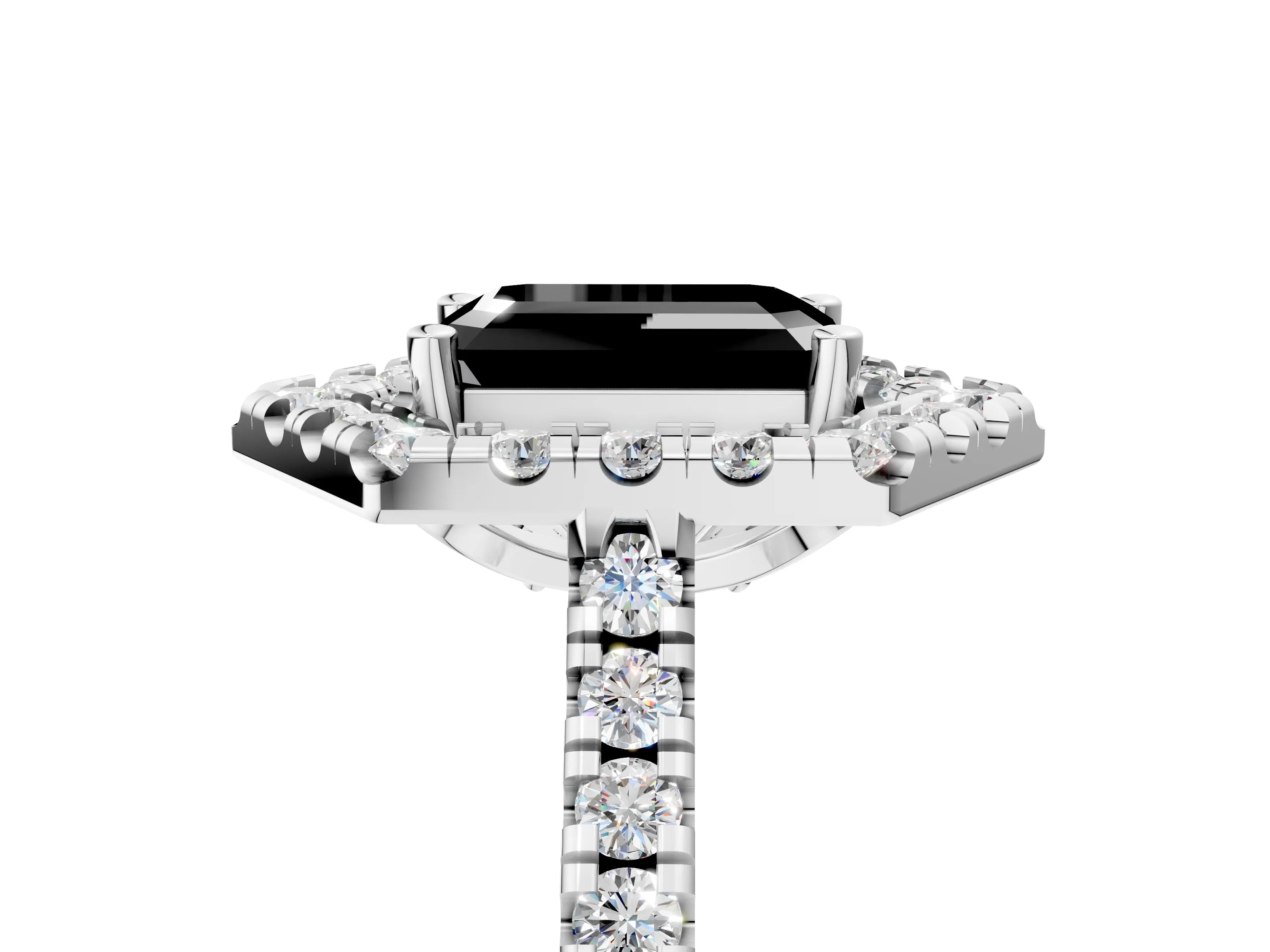 Platinum Hexagonal Halo Fancy Black Emerald Cut Diamond Pavé Band with Four-Prong Setting_17