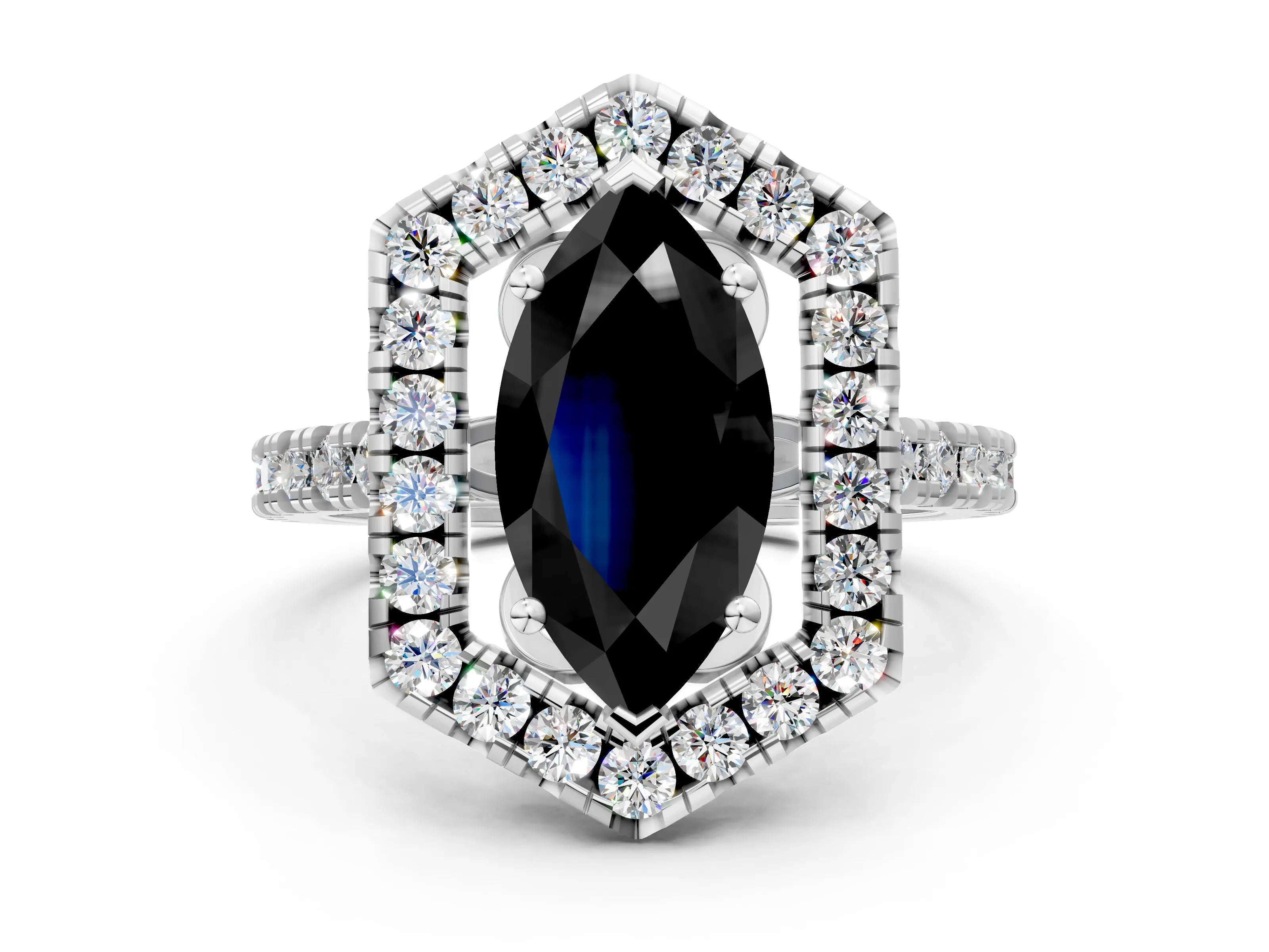 Platinum Hexagonal Halo Fancy Black Marquise Cut Diamond Pavé Band with Four-Prong Setting_12