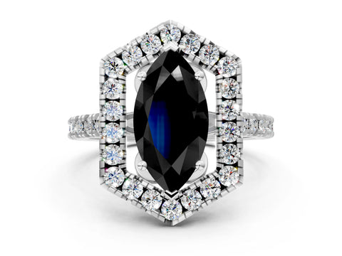 Platinum Hexagonal Halo Fancy Black Marquise Cut Diamond Pavé Band with Four-Prong Setting_12