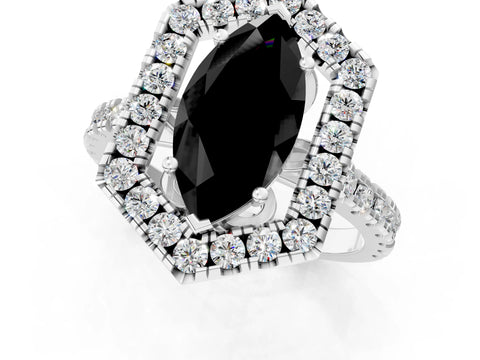 Platinum Hexagonal Halo Fancy Black Marquise Cut Diamond Pavé Band with Four-Prong Setting_13