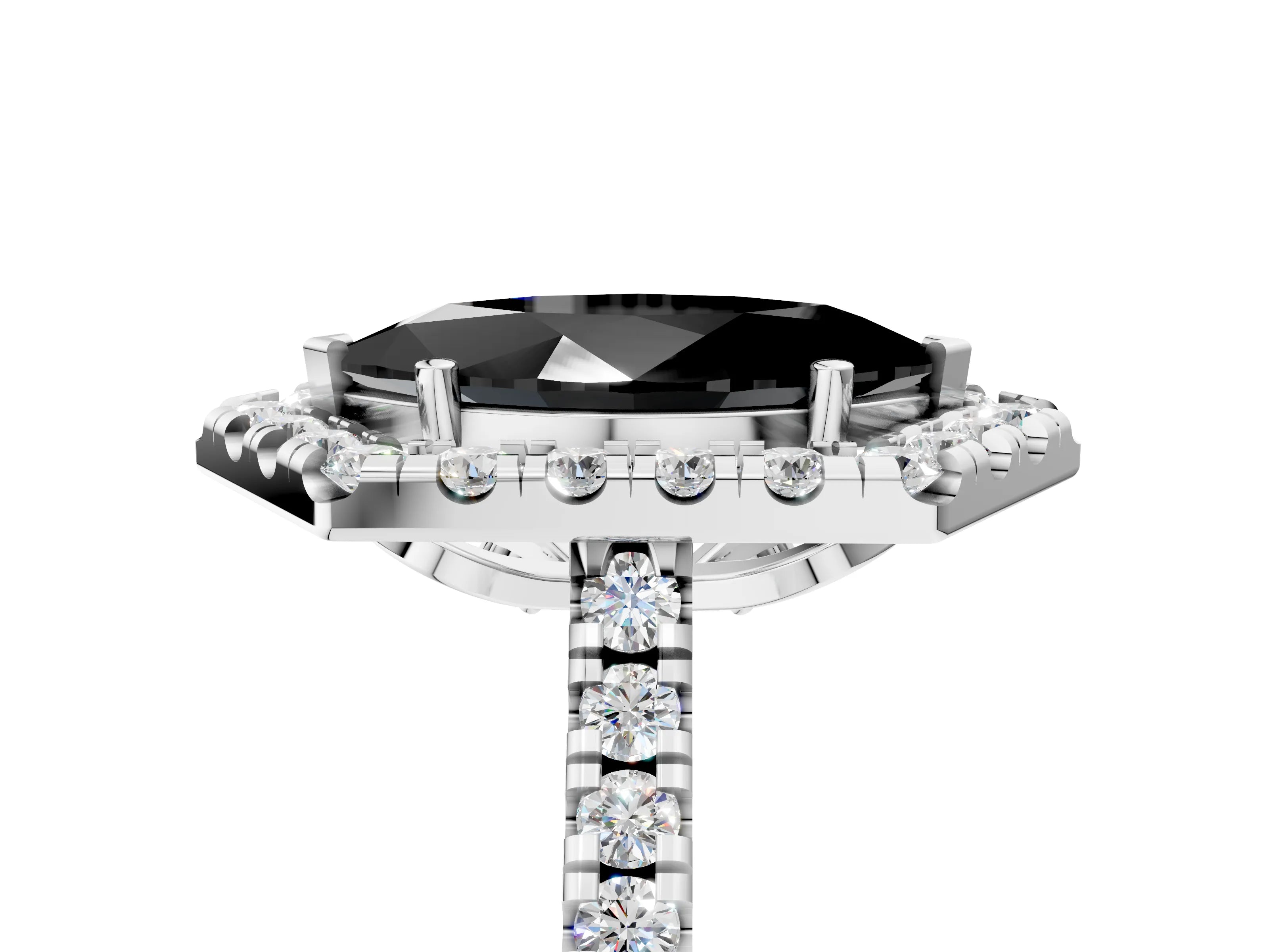 Platinum Hexagonal Halo Fancy Black Marquise Cut Diamond Pavé Band with Four-Prong Setting_17