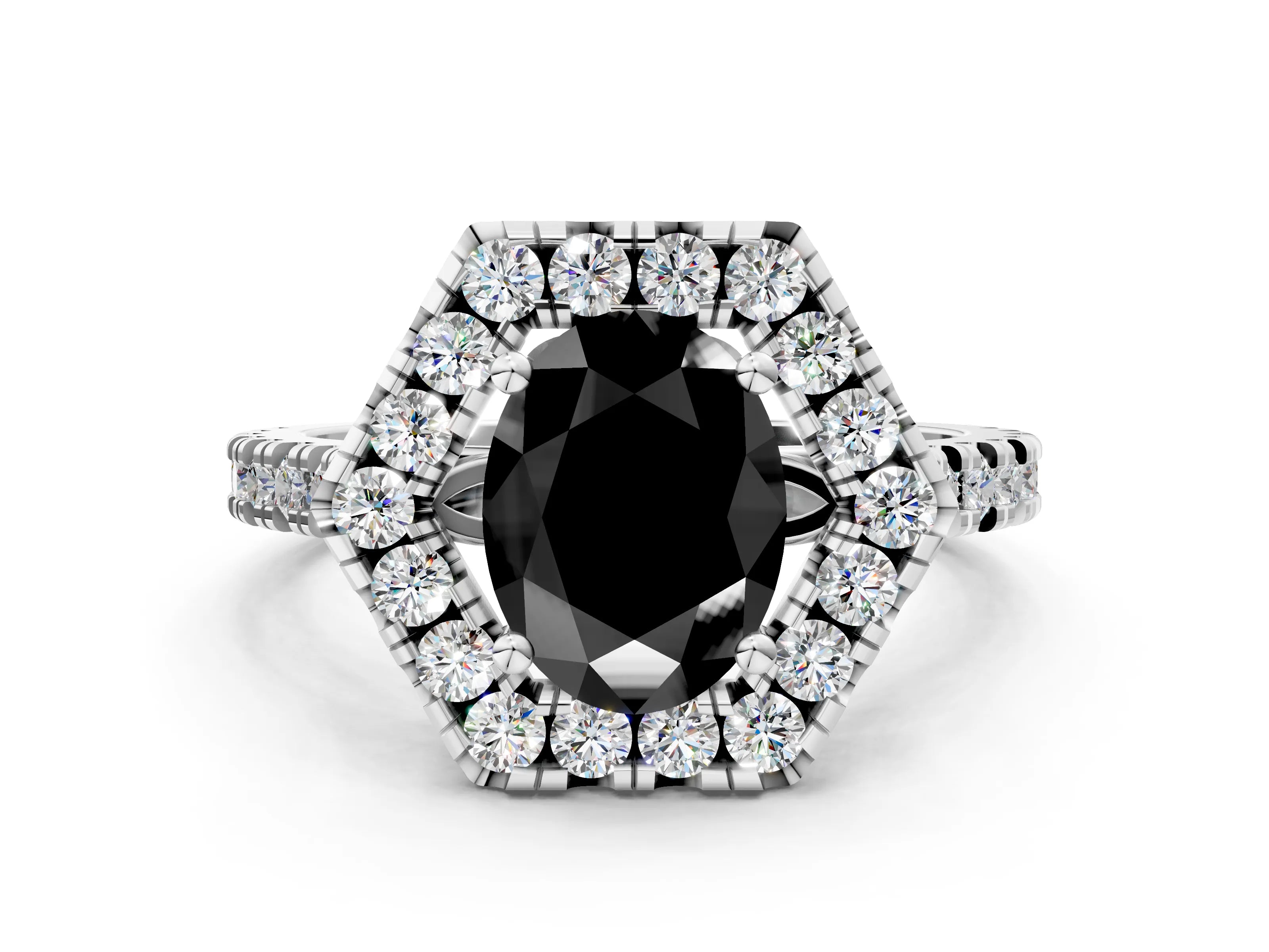 Platinum Hexagonal Halo Fancy Black Oval Cut Diamond Pavé Band with Four-Prong Setting_12