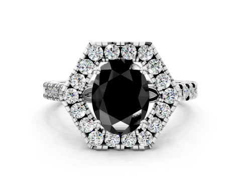 Platinum Hexagonal Halo Fancy Black Oval Cut Diamond Pavé Band with Four-Prong Setting_12