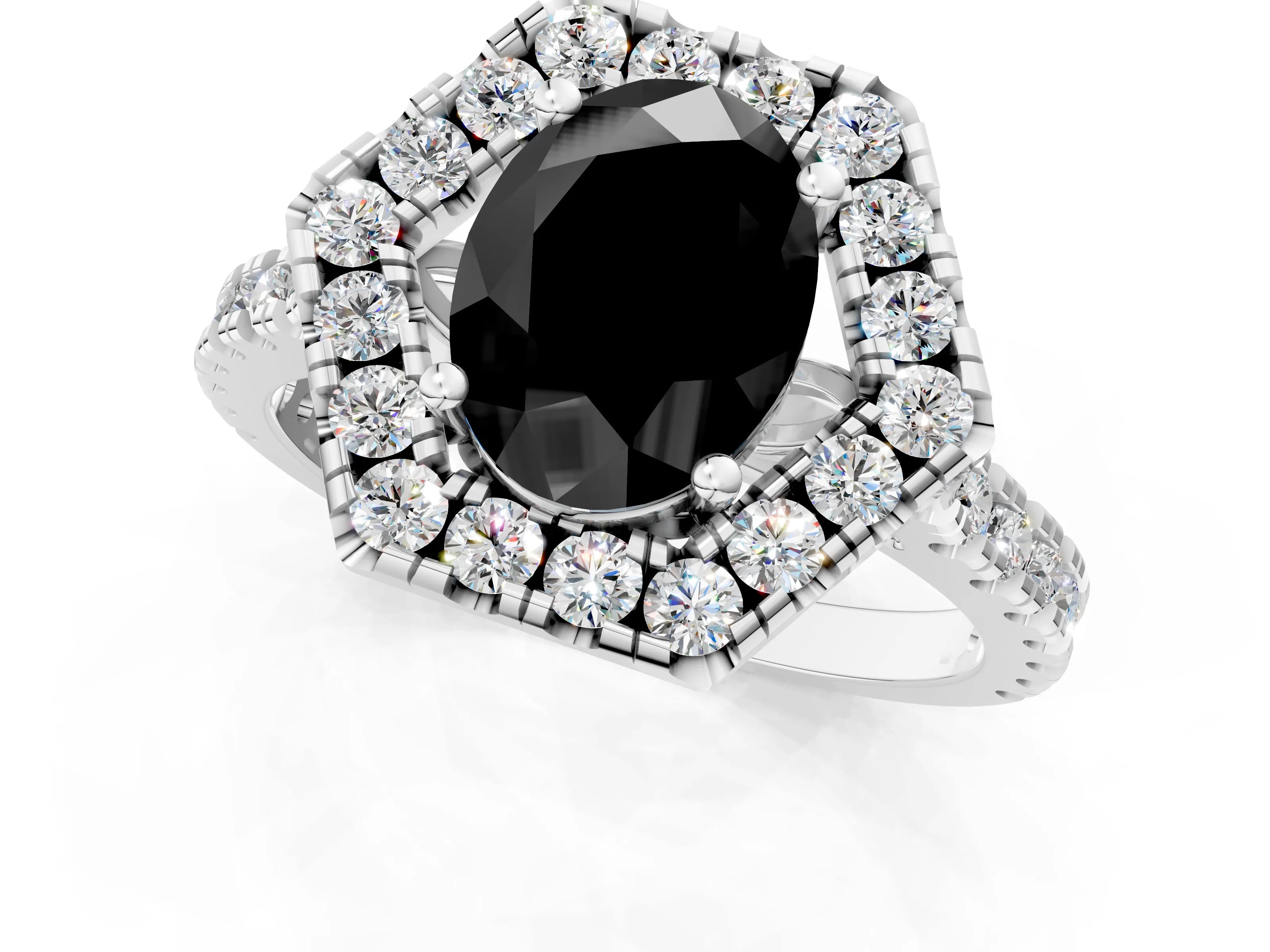 Platinum Hexagonal Halo Fancy Black Oval Cut Diamond Pavé Band with Four-Prong Setting_13