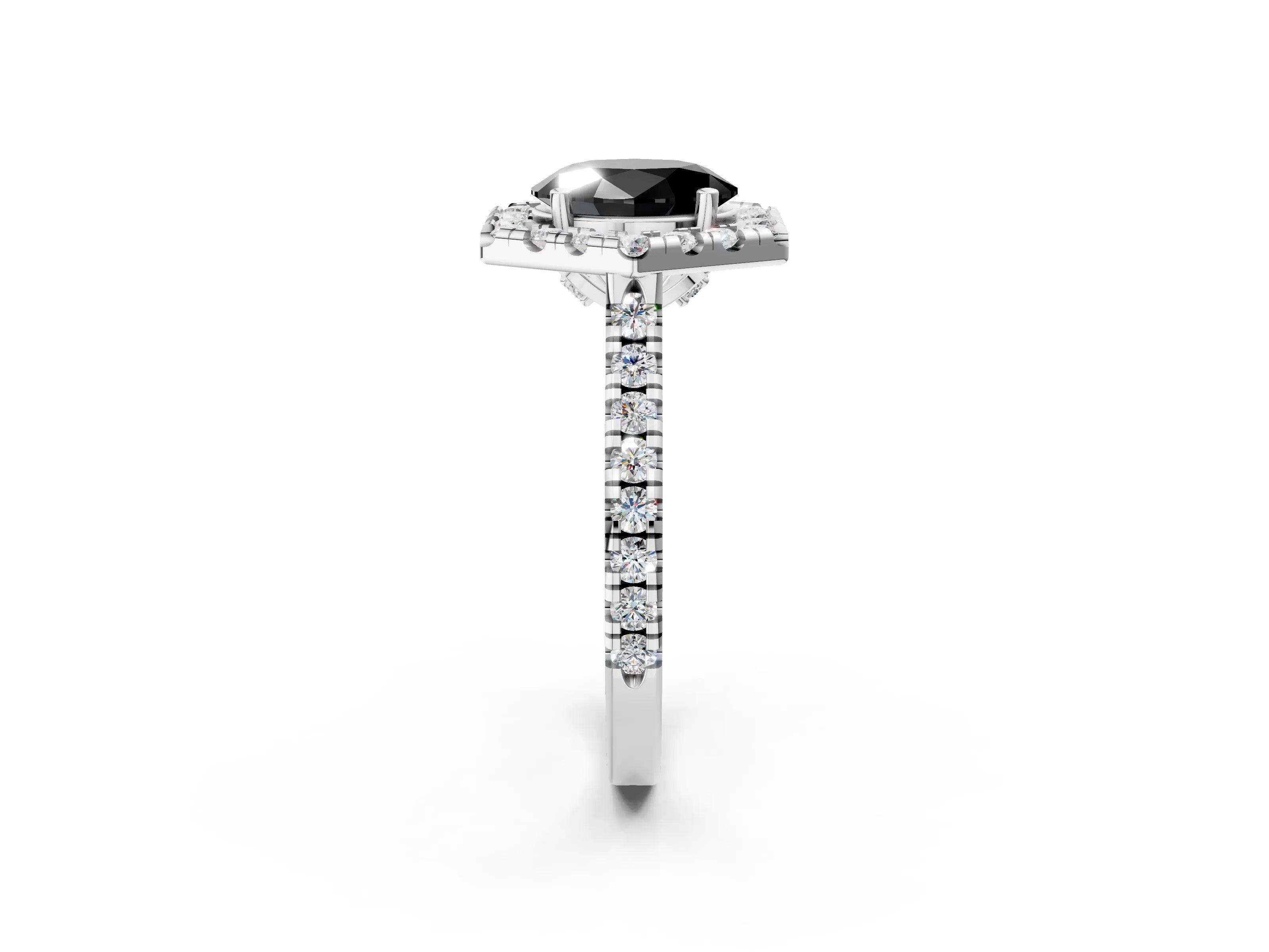 Platinum Hexagonal Halo Fancy Black Oval Cut Diamond Pavé Band with Four-Prong Setting_14