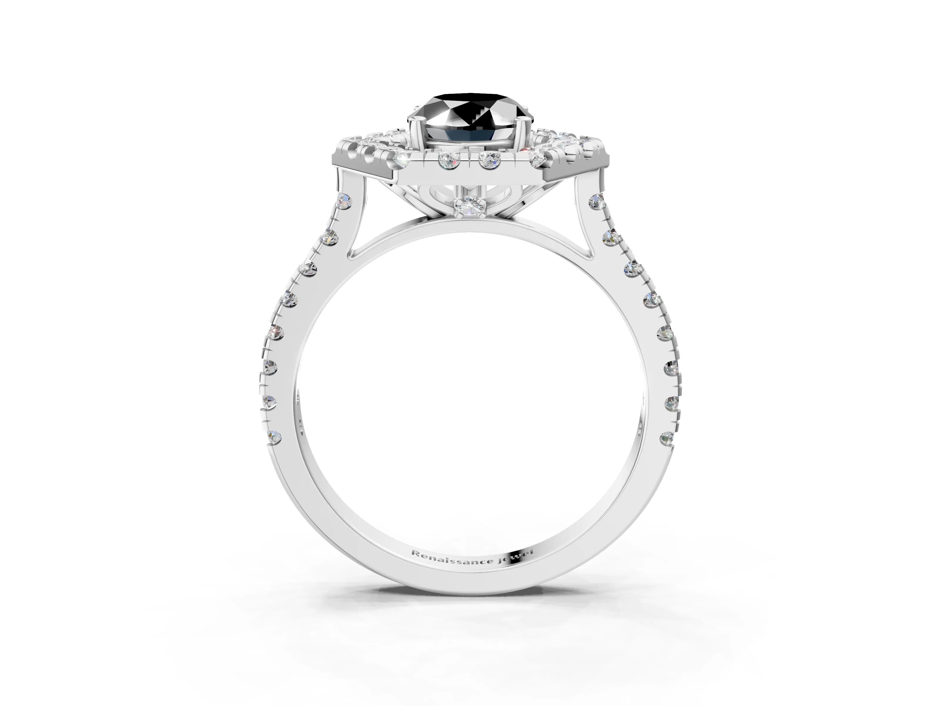 Platinum Hexagonal Halo Fancy Black Oval Cut Diamond Pavé Band with Four-Prong Setting_15