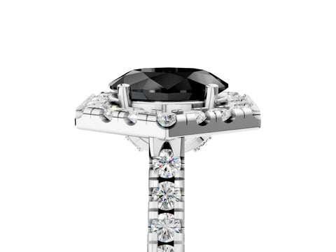 Platinum Hexagonal Halo Fancy Black Oval Cut Diamond Pavé Band with Four-Prong Setting_17