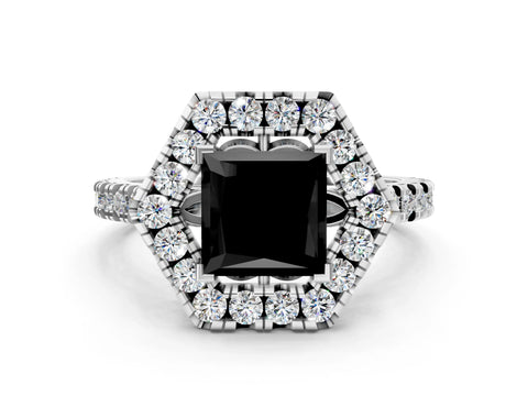 Platinum Hexagonal Halo Fancy Black Princess Cut Diamond Pavé Band with Four-Prong Setting_12