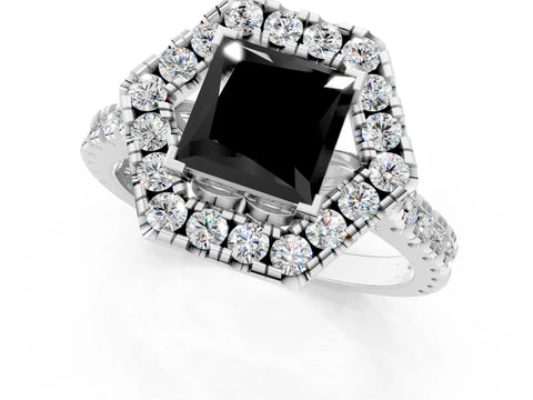 Platinum Hexagonal Halo Fancy Black Princess Cut Diamond Pavé Band with Four-Prong Setting_13