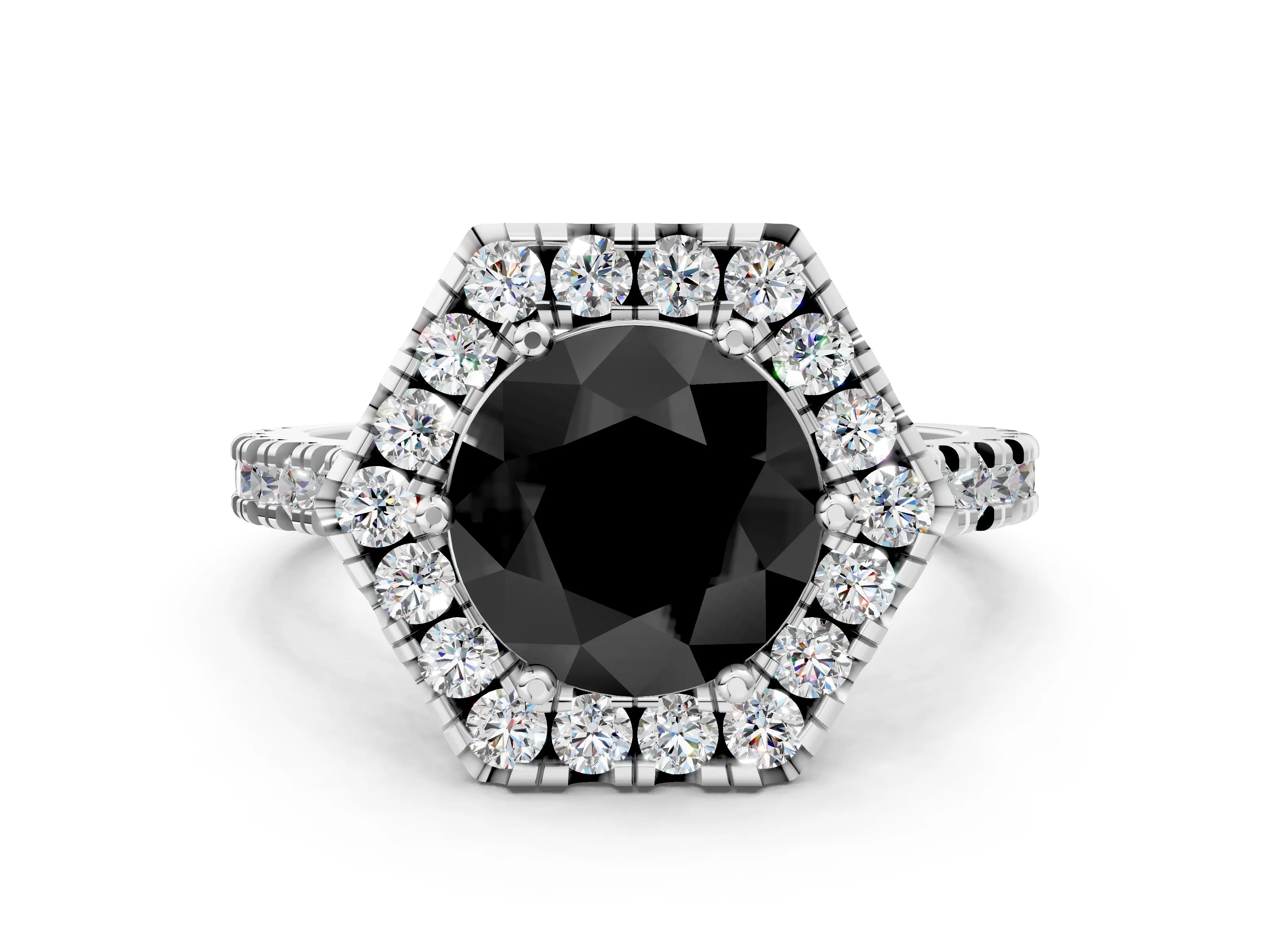 Platinum Hexagonal Halo Fancy Black Round Cut Diamond Pavé Band with Four-Prong Setting_12