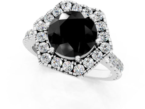 Platinum Hexagonal Halo Fancy Black Round Cut Diamond Pavé Band with Four-Prong Setting_13