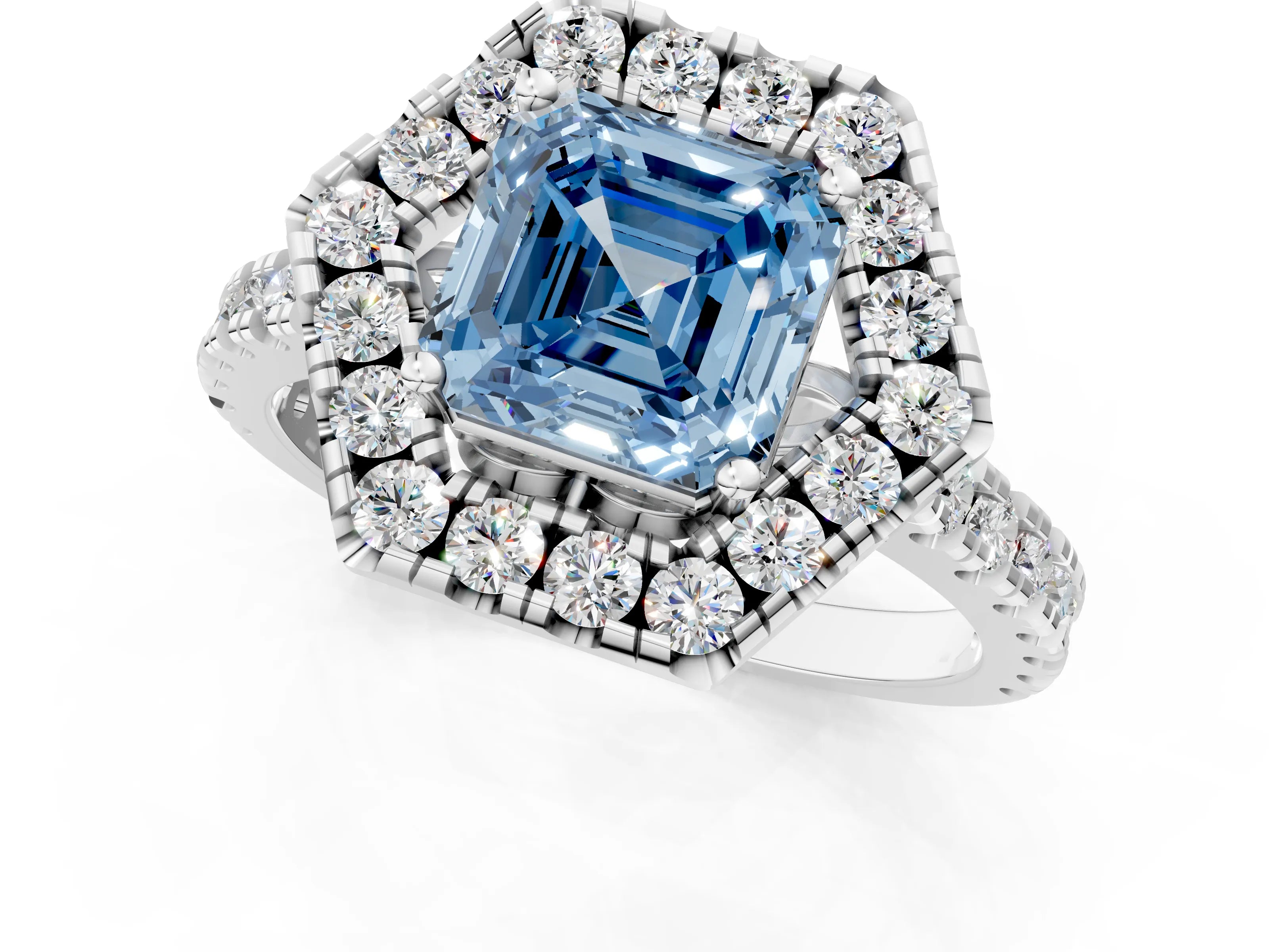 Platinum Hexagonal Halo Fancy Blue Asscher Cut Diamond Pavé Band with Four-Prong Setting_13