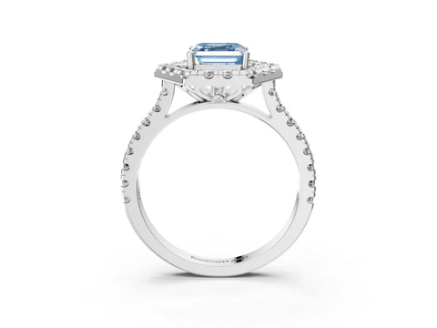 Platinum Hexagonal Halo Fancy Blue Asscher Cut Diamond Pavé Band with Four-Prong Setting_15