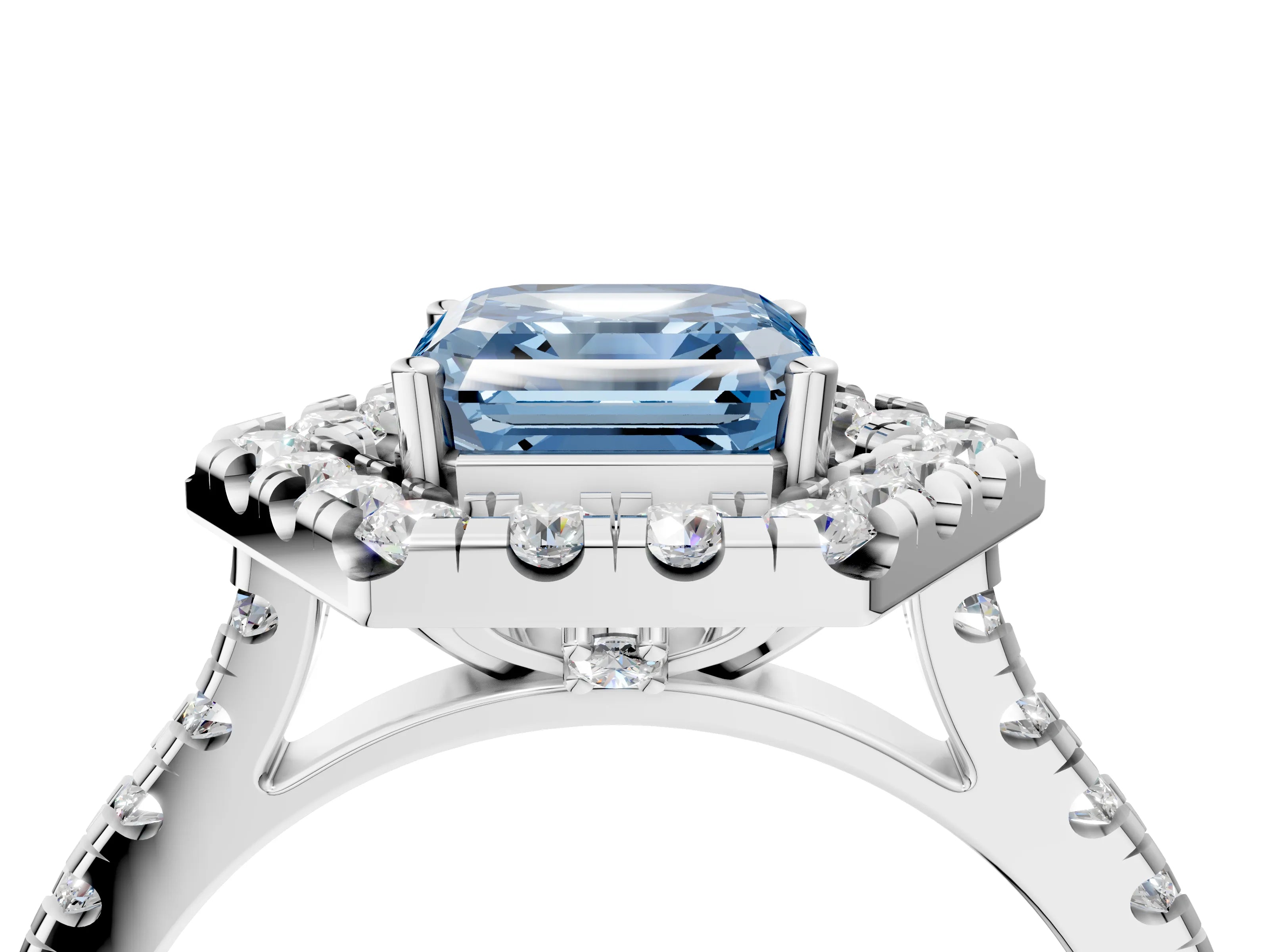 Platinum Hexagonal Halo Fancy Blue Asscher Cut Diamond Pavé Band with Four-Prong Setting_16