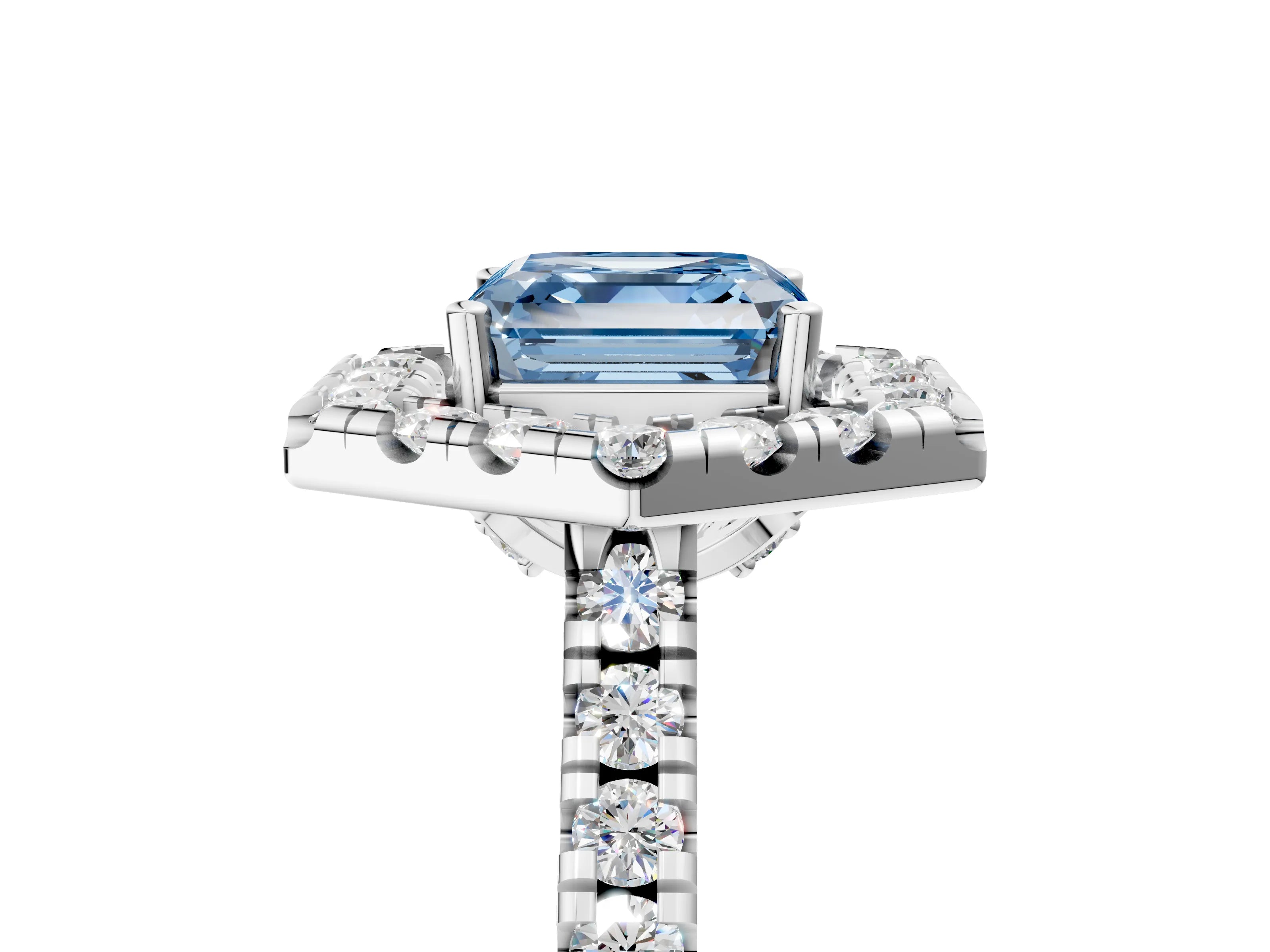 Platinum Hexagonal Halo Fancy Blue Asscher Cut Diamond Pavé Band with Four-Prong Setting_17
