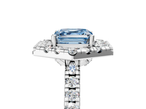 Platinum Hexagonal Halo Fancy Blue Asscher Cut Diamond Pavé Band with Four-Prong Setting_17