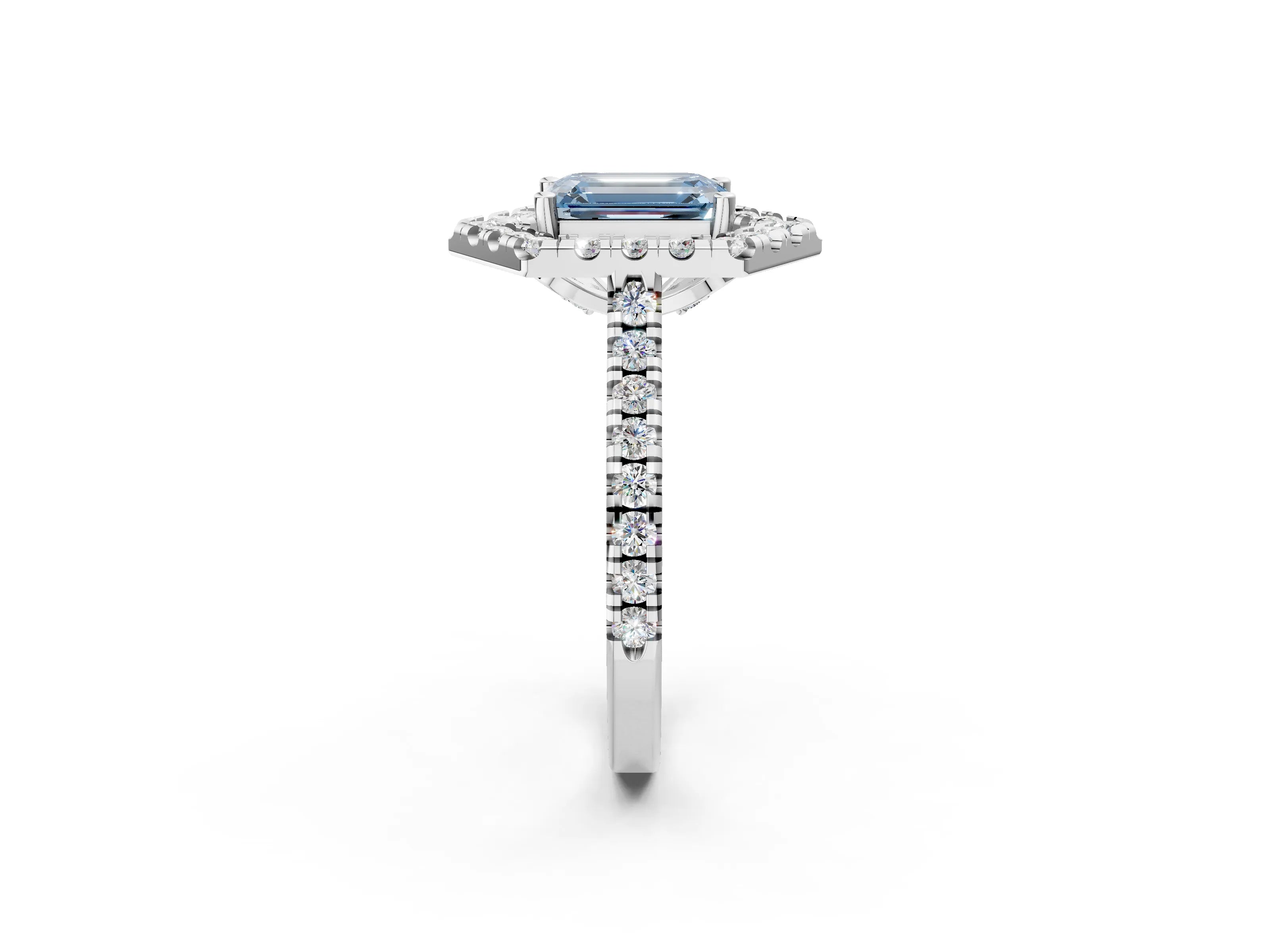 Platinum Hexagonal Halo Fancy Blue Emerald Cut Diamond Pavé Band with Four-Prong Setting_8