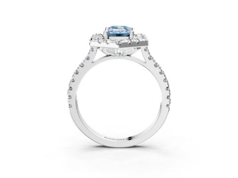 Platinum Hexagonal Halo Fancy Blue Emerald Cut Diamond Pavé Band with Four-Prong Setting_9