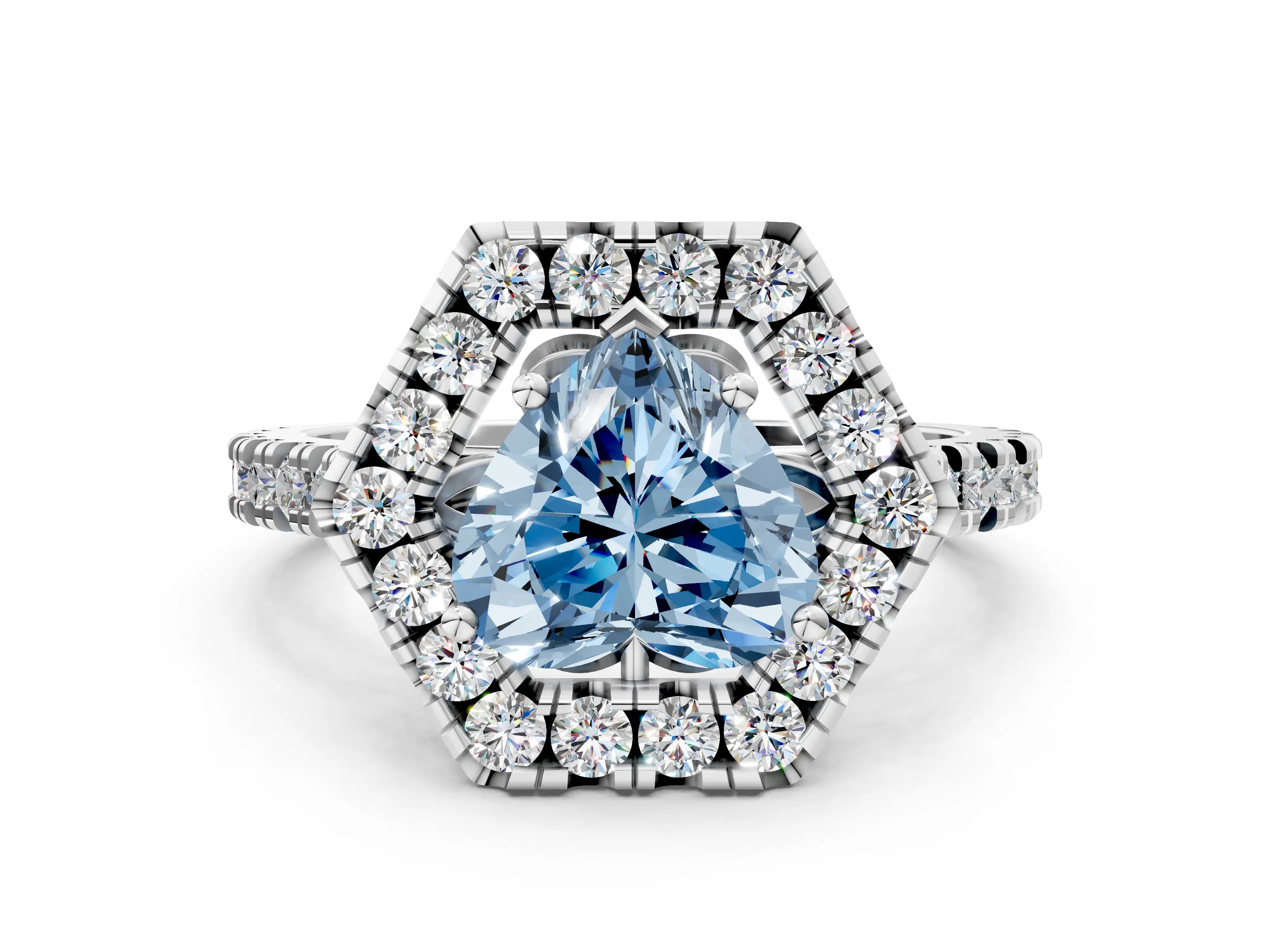 Platinum Hexagonal Halo Fancy Blue Heart Cut Diamond Pavé Band with Four-Prong Setting_12