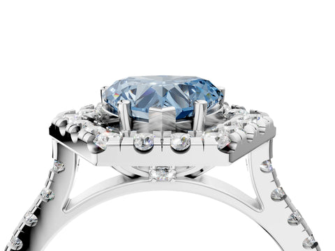 Platinum Hexagonal Halo Fancy Blue Heart Cut Diamond Pavé Band with Four-Prong Setting_16