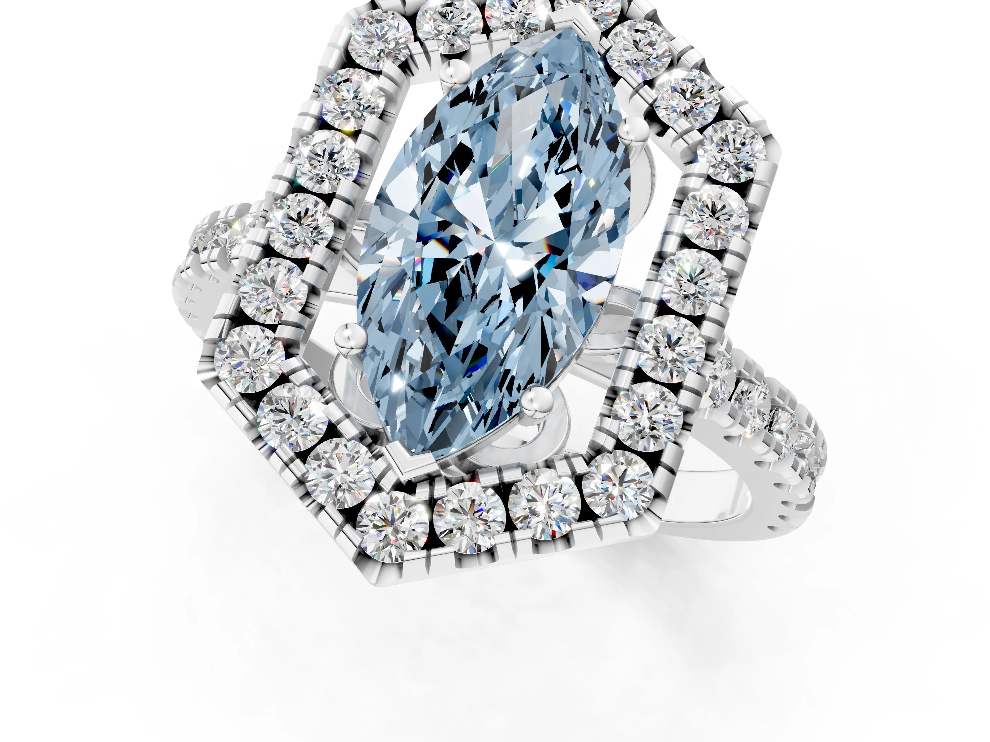 Platinum Hexagonal Halo Fancy Blue Marquise Cut Diamond Pavé Band with Four-Prong Setting_13