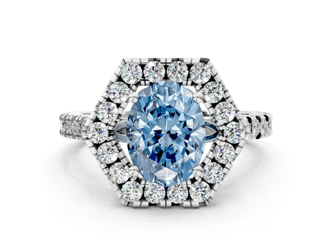 Platinum Hexagonal Halo Fancy Blue Oval Cut Diamond Pavé Band with Four-Prong Setting_12