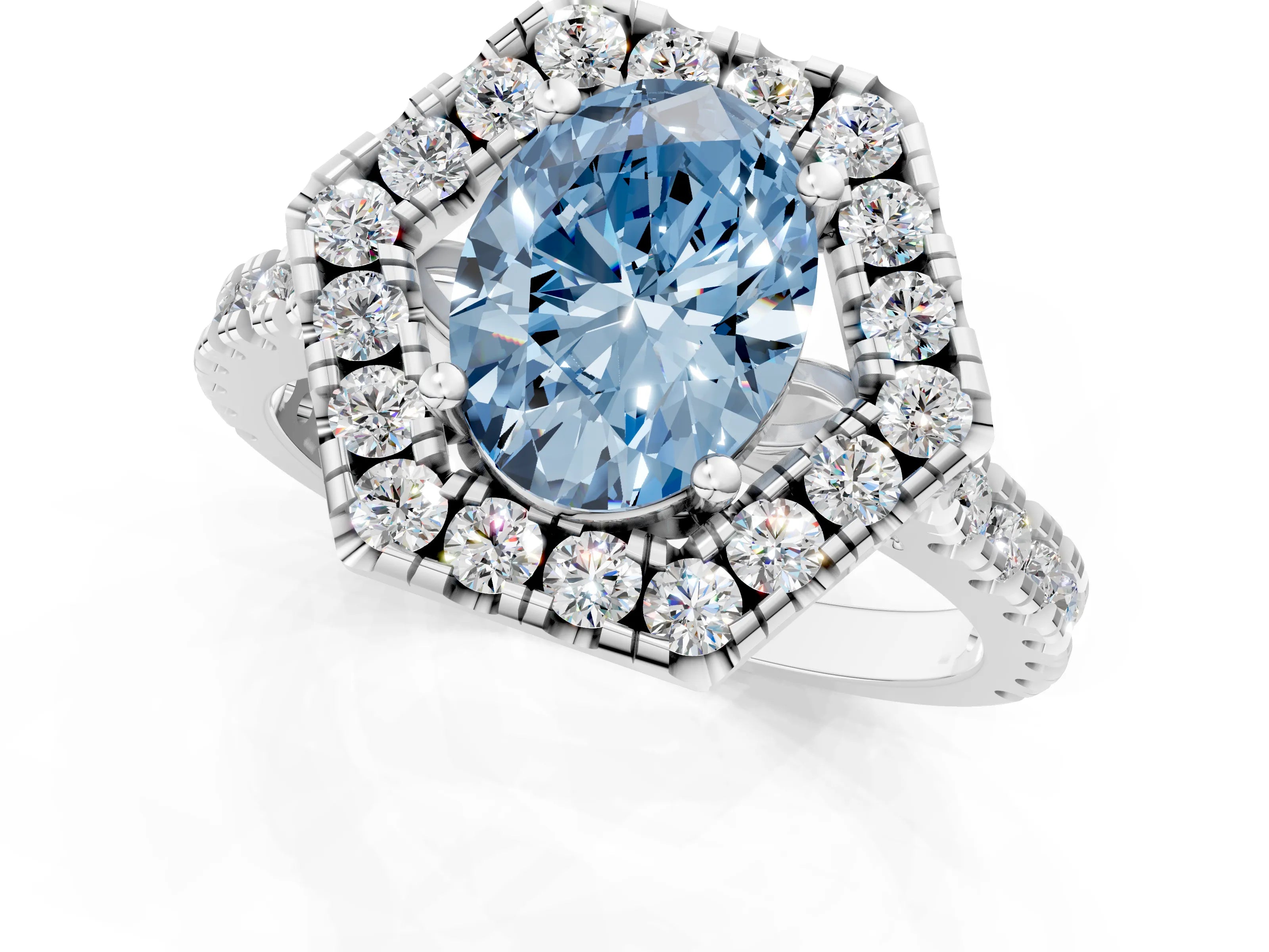 Platinum Hexagonal Halo Fancy Blue Oval Cut Diamond Pavé Band with Four-Prong Setting_13