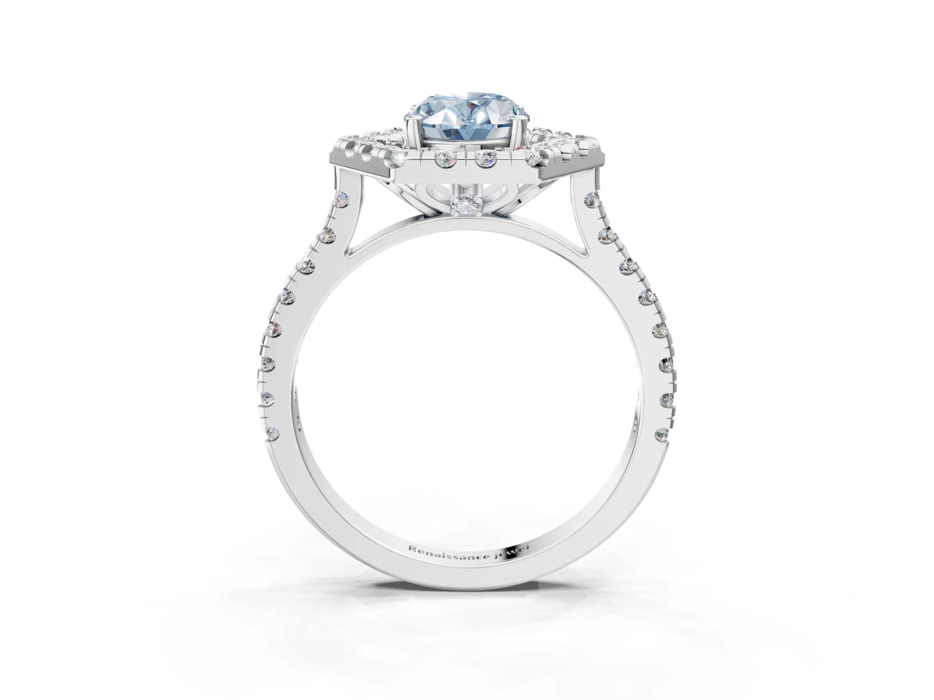 Platinum Hexagonal Halo Fancy Blue Oval Cut Diamond Pavé Band with Four-Prong Setting_15